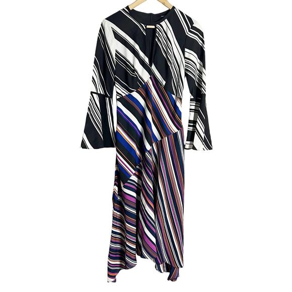 Karen Millen Black Striped Bell Sleeve Keyhole Midi Dress Size 6 - Picture 1 of 10